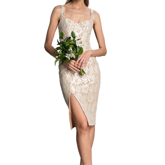 Dress The Population Cadence Sequin Floral Lace Cocktail Dress Off-White Nude L - Picture 2 of 12